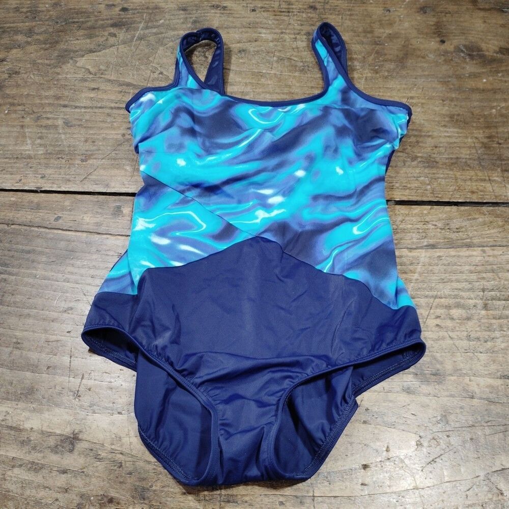 Lands' End Swimsuit 12DD One Piece Blue Classic Swimwear Beach Tropical